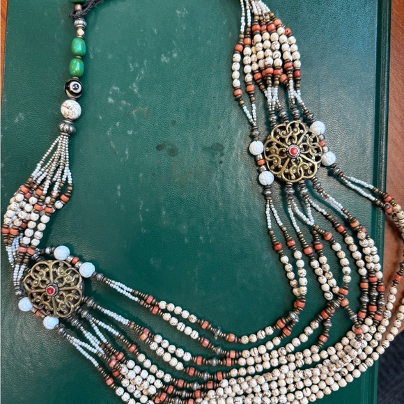 Multicolor Conch Beaded Necklace with Ornate Gold and Tibetan Silver Accents - Picture 2 of 8